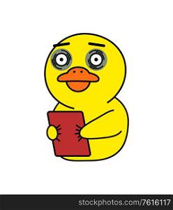 Korean messenger app, kakao talk duck sticker vector. Animal image for chat, scared or tired funny bird, message exchange application interface element. Funny Duck Sticker for Korean Messenger Kakao talk