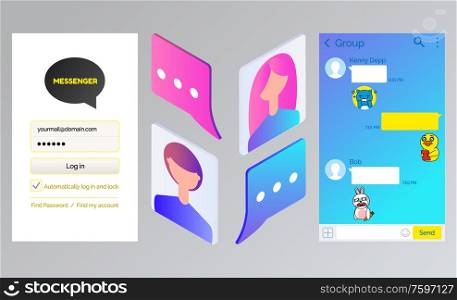 Korean messenger kakao talk, chat interface and avatars, login page vector. Online communication in mobile app, instant messages, account and users. Kakao talk Messenger, Chat Interface and Avatars