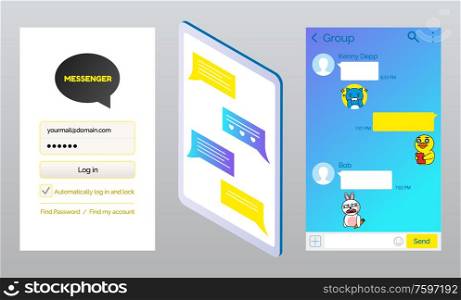 Korean messenger kakao talk pages vector, interface of login and password filling form and chatting box. Stickers and emojis for conversation expression. Kakao talk Messenger Made by Koreans, Pages Set