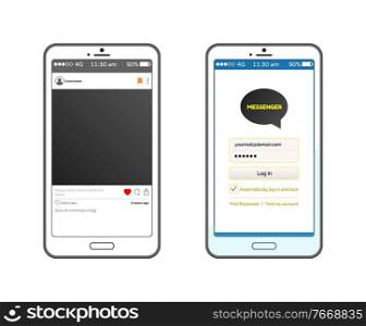 Korean messenger vector, interface on smartphone. Isolated flat style, asian social network for international communication, photograph with hashtags. KakaoTalk Messenger Interface with Start Page