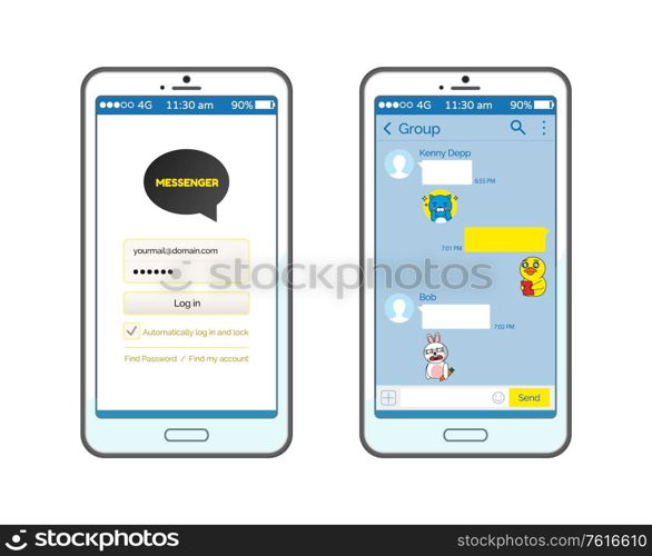 Korean messenger with start and chatting page vector, set of smartphones with conversation. Stickers and emojis, social media for online communication. Kakao talk Interface on Smartphone Set of Icons