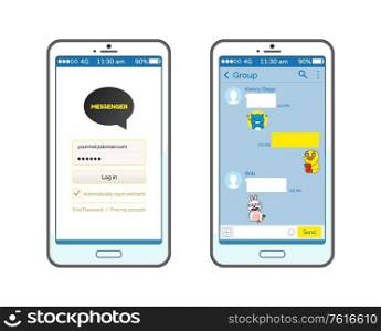 Korean messenger with start and chatting page vector, set of smartphones with conversation. Stickers and emojis, social media for online communication. Kakao talk Interface on Smartphone Set of Icons