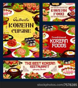 Korean restaurant menu, Asian traditional cuisine food recipes. Vector Korean authentic meat and rice food, ramen, soba or udon noodles, dumplings and salads, bulgogi soup and desserts. Korean cuisine, authentic food restaurant menu