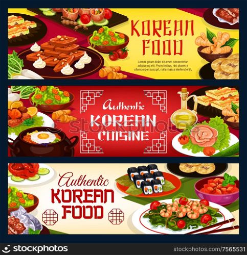 Korean restaurant menu, authentic traditional Korea cuisine food. Vector Korean cafe menu, kimchi, rice and spicy noodles, beef bulgogi soup and kibimpap rolls, seafood and seaweed plate meals. korean cuisine food, Korea traditional meals menu