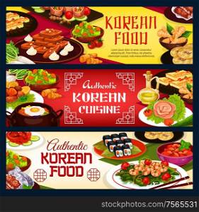 Korean restaurant menu, authentic traditional Korea cuisine food. Vector Korean cafe menu, kimchi, rice and spicy noodles, beef bulgogi soup and kibimpap rolls, seafood and seaweed plate meals. korean cuisine food, Korea traditional meals menu