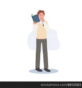 Korean student character. Full length of Male student in school uniforms holding a book and thinking something. Learning Education concept.