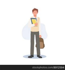Korean student character. Full length of Male student in school uniforms holding book and bag. Learning and Education concept.