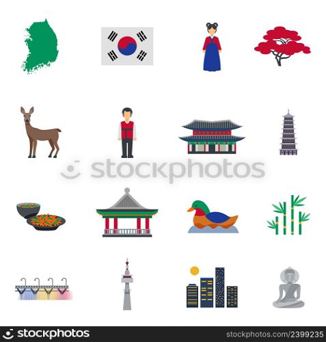 Korean traditional food clothing landmarks and national cultural symbols flat icons collection abstract isolated vector illustration. Korean Culture Symbols Flat Icons Set
