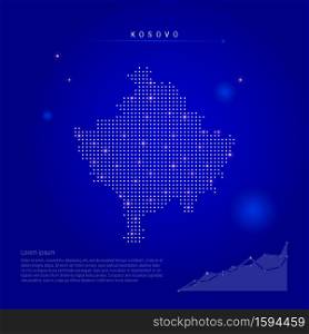 Kosovo illuminated map with glowing dots. Infographics elements. Dark blue space background. Vector illustration. Growing chart, lorem ipsum text.. Kosovo illuminated map with glowing dots. Dark blue space background. Vector illustration