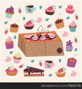 Kraft box with a cake. A large set of delicious and beautiful cakes. Vector illustration on a light background.. Kraft box with a cake. Vector illustration on a light background.