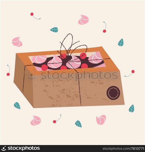 Kraft box with a cake. Vector illustration on a light background.. Kraft box with a cake. Vector illustration.