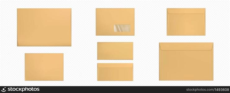 Kraft envelopes template set. Blank brown closed craft paper covers, letter packages, mock up of folder for business documents and messages, Realistic 3d vector mockup. Kraft envelopes blank brown covers template set