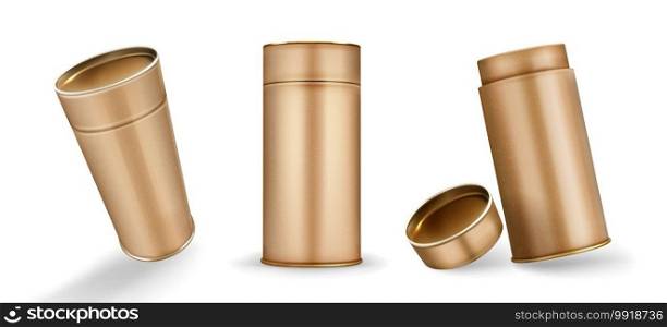 Kraft tube boxes mockup, closed and open cardboard cylinders of brown color, blank containers for branding made of craft paper isolated on white background, Realistic 3d vector illustration, mock up. Kraft tube boxes mockup, closed and open pack