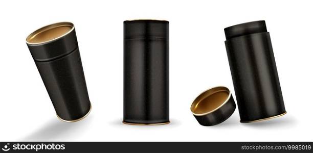 Kraft tube boxes mockup, closed and open cardboard cylinders of speckled black color, blank containers for branding made of craft paper isolated on white background, Realistic 3d vector mock up set. Kraft tube boxes mockup, closed and open pack