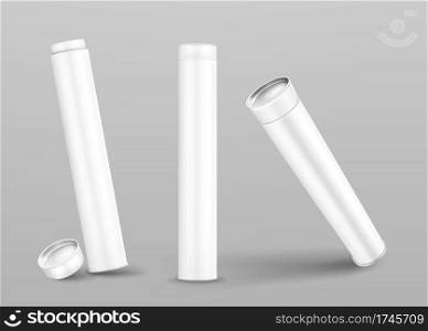Kraft tube boxes mockup, closed and open cardboard cylinders of white color, blank containers for drawing or branding made of craft paper isolated on grey background, Realistic 3d vector mock up set. Kraft tube boxes mockup, closed and open cardboard