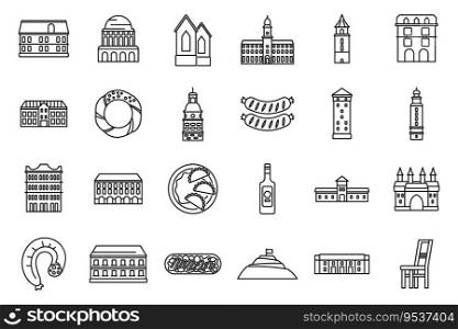 Krakow icons set outline vector. Polish city. Market old. Krakow icons set outline vector. Polish city