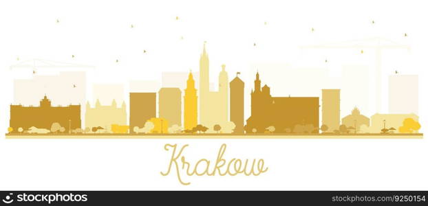 Krakow Poland City Skyline Silhouette with Golden Buildings Isolated on White. Vector Illustration. Business Travel and Tourism Concept with Historic Architecture. Krakow Cityscape with Landmarks. 