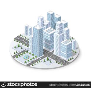 Kristmass winter snowbound landscape 3d isometric urban city infographic concept. Town center map with buildings,shops and roads on the plane.