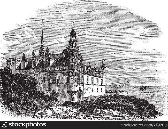 Kronborg Castle in Helsingor, Denmark, during the 1890s, vintage engraving. Old engraved illustration of Kronborg Castle.