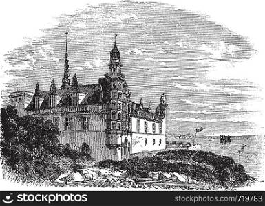 Kronborg Castle in Helsingor, Denmark, during the 1890s, vintage engraving. Old engraved illustration of Kronborg Castle.
