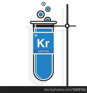 Krypton symbol on label in a blue test tube with holder. Element number 36 of the Periodic Table of the Elements - Chemistry