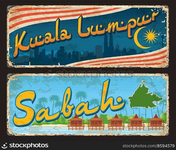 Kuala Lumpur and Sabah, Malaysian regions travel stickers and plates, vector luggage tags. Malaysia states or provinces and regions welcome tin signs with travel landmarks, flags and taglines. Kuala Lumpur and Sabah, Malaysian regions travel