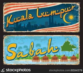 Kuala Lumpur and Sabah, Malaysian regions travel stickers and plates, vector luggage tags. Malaysia states or provinces and regions welcome tin signs with travel landmarks, flags and taglines. Kuala Lumpur and Sabah, Malaysian regions travel