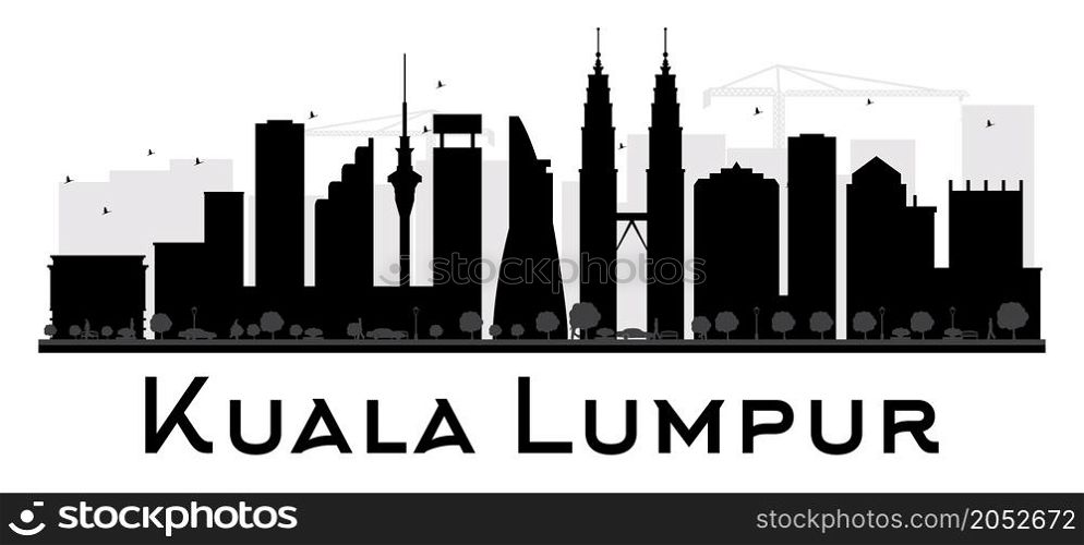 Kuala Lumpur City skyline black and white silhouette. Vector illustration. Simple flat concept for tourism presentation, banner, placard or web site. Business travel concept. Cityscape with landmarks