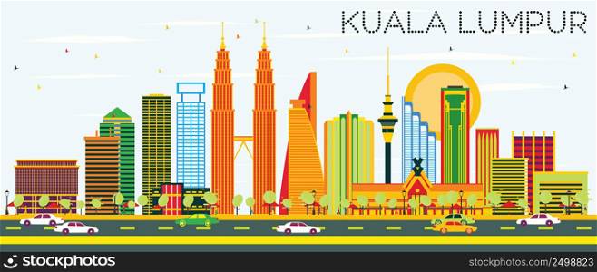 Kuala Lumpur Skyline with Color Buildings and Blue Sky. Vector Illustration. Business Travel and Tourism Concept with Modern Architecture. Image for Presentation Banner Placard and Web Site.