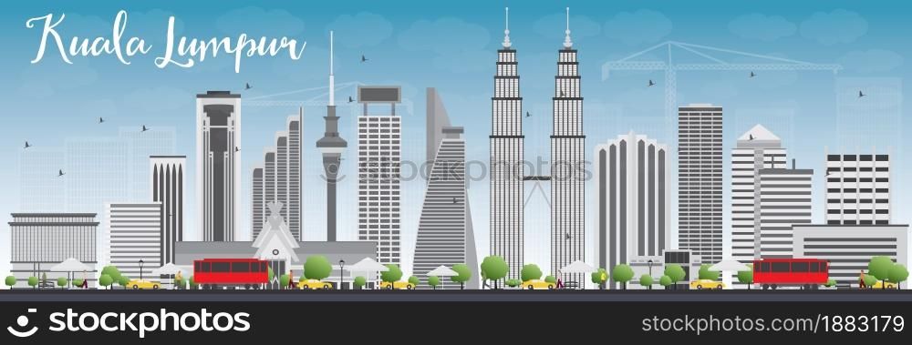 Kuala Lumpur Skyline with Gray Buildings and Blue Sky. Vector illustration. Business travel and tourism concept with modern buildings. Image for presentation, banner, placard and web site.