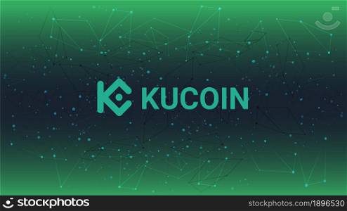 Kucoin cryptocurrency stock market name with logo on abstract digital background. Crypto stock exchange for news and media. Vector EPS10.