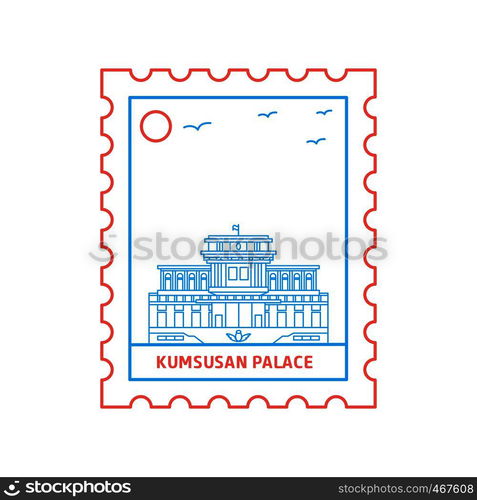 KUMSUSAN PALACE postage stamp Blue and red Line Style, vector illustration