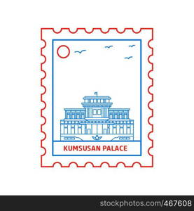 KUMSUSAN PALACE postage stamp Blue and red Line Style, vector illustration