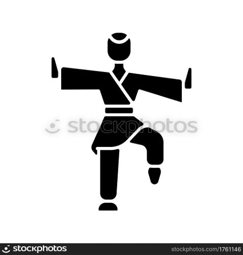 Kung Fu black glyph icon. Martial arts training. Karate class. Traditional fighting. Chinese athlete. Japanese fighter. Taekwondo pose. Silhouette symbol on white space. Vector isolated illustration. Kung Fu black glyph icon