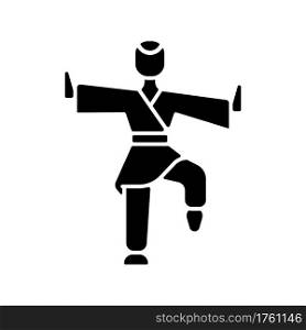 Kung Fu black glyph icon. Martial arts training. Karate class. Traditional fighting. Chinese athlete. Japanese fighter. Taekwondo pose. Silhouette symbol on white space. Vector isolated illustration. Kung Fu black glyph icon