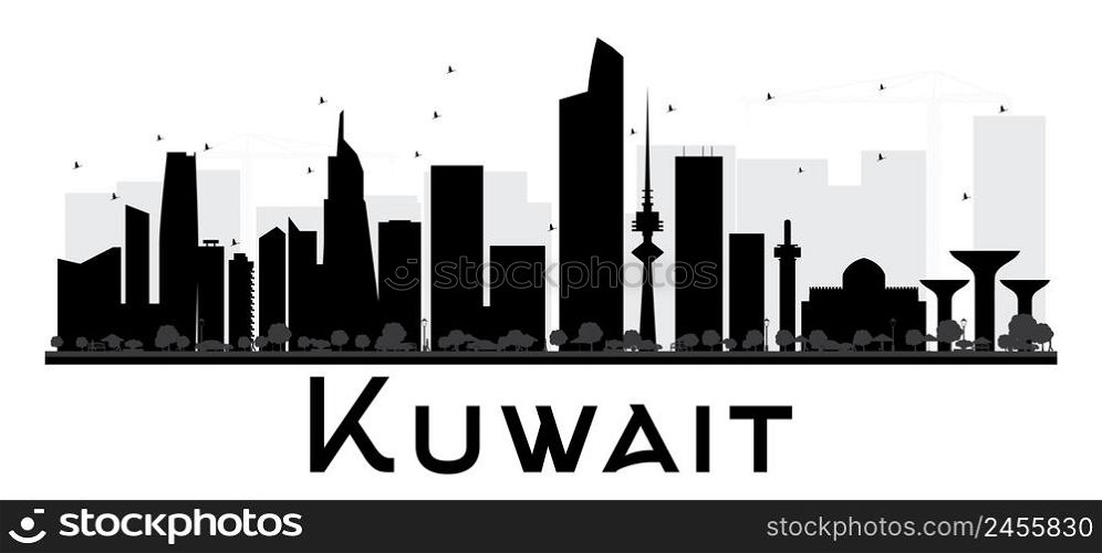 Kuwait City skyline black and white silhouette. Vector illustration. Simple flat concept for tourism presentation, banner, placard or web site. Business travel concept. Cityscape with landmarks