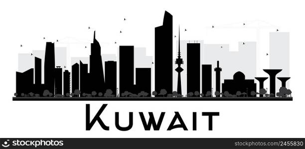Kuwait City skyline black and white silhouette. Vector illustration. Simple flat concept for tourism presentation, banner, placard or web site. Business travel concept. Cityscape with landmarks