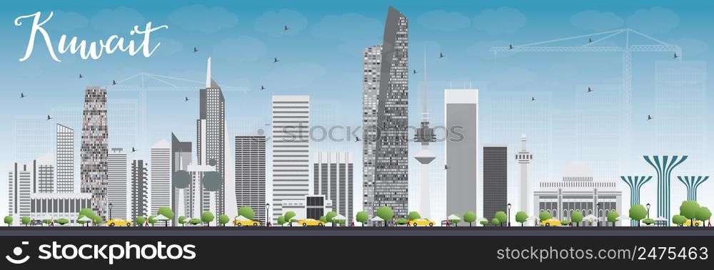 Kuwait City Skyline with Gray Buildings and Blue Sky. Vector Illustration. Business Travel and Tourism Concept with Modern Buildings. Image for Presentation Banner Placard and Web Site.