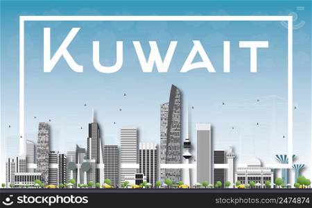 Kuwait City Skyline with Gray Buildings, Blue Sky and White Frame. Vector Illustration. Business Travel and Tourism Concept with Modern Buildings. Image for Presentation Banner Placard and Web.