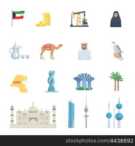Kuwait Culture Flat Icon Set. Kuwait culture flat icon set with traditional symbols costumes buildings and animals vector illustration