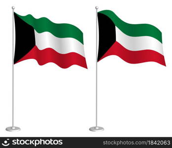 Kuwait flag on flagpole waving in wind. Holiday design element. Checkpoint for map symbols. Isolated vector on white background