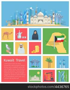 Kuwait Icons Set. Set of flat color icons showing kuwait landmarks and culture vector illustration
