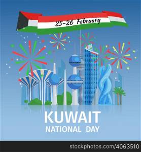Kuwait national day poster with cityscape of capital famous buildings and decorative fireworks vector illustration. Kuwait National Day Poster