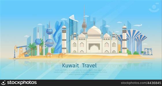 Kuwait Skyline Flat Poster. Kuwait skyline flat poster with awesome traditional buildings on the sea shore vector illustration
