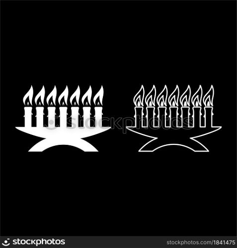 Kwanzaa candles glowing African holiday Seven candle on candlestick American ethnic cultural holiday icon white color vector illustration flat style simple image set. Kwanzaa candles glowing African holiday Seven candle on candlestick American ethnic cultural holiday icon white color vector illustration flat style image set