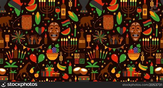 Kwanzaa Seamless pattern for Kwanzaa with traditional colored.. Kwanzaa seamless pattern of Africa with traditional colored and symbols. Brown exotic background.