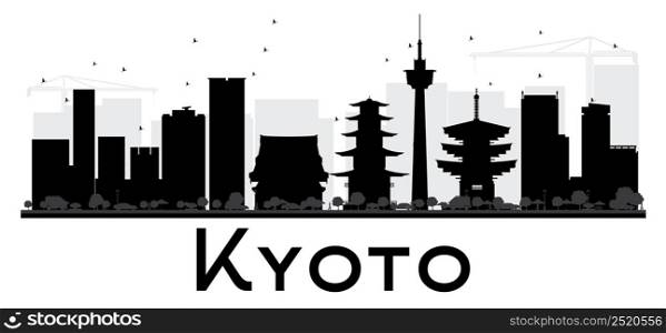 Kyoto City skyline black and white silhouette. Vector illustration. Simple flat concept for tourism presentation, banner, placard or web site. Business travel concept. Cityscape with landmarks