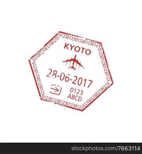 Kyoto Prefecture in Japan arrival visa st&template. Vector immigration office control sign isolated. Visa st&isolated arrived Kyoto airport by plane