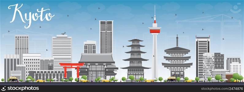 Kyoto Skyline with Gray Landmarks and Blue Sky. Vector illustration. Business Travel or Tourism Concept with Modern and Historic Buildings. Image for Presentation Banner Placard and Web Site.