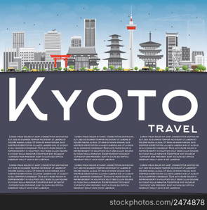 Kyoto Skyline with Gray Landmarks, Blue Sky and Copy Space. Vector illustration. Business Travel or Tourism Concept with Modern and Historic Buildings. Image for Presentation Banner Placard and Web Site.